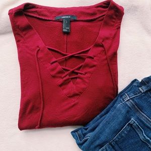 BURGUNDY BLOUSE WITH CRISS-CROSS NECKLINE